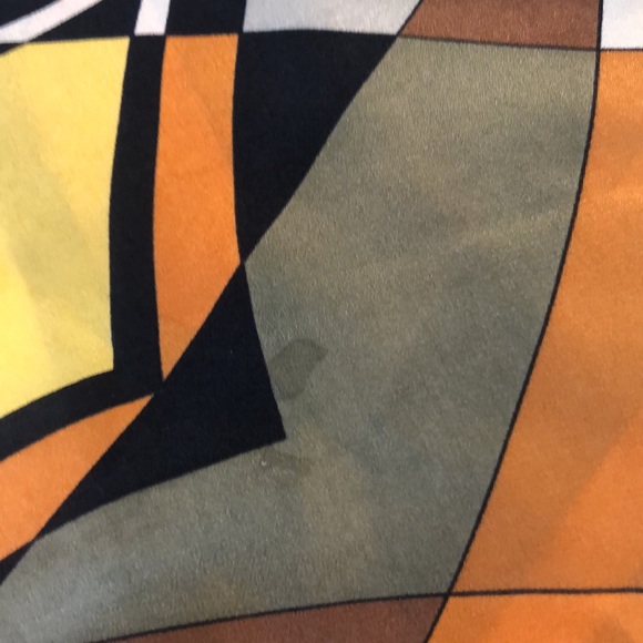Guy Laroche Paris geometric design scarf.  Orange, rust, brown, black, green. - Picture 7 of 7